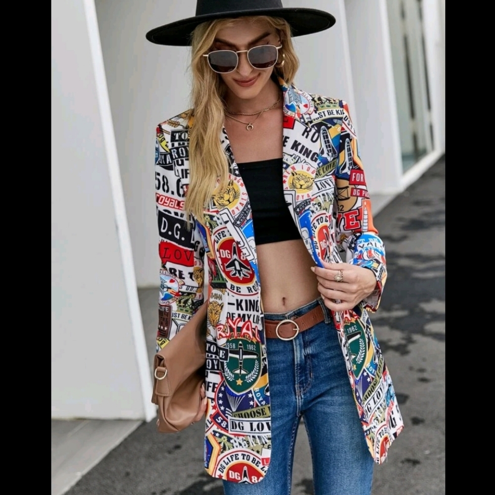 Allover Random Print One Button Blazer